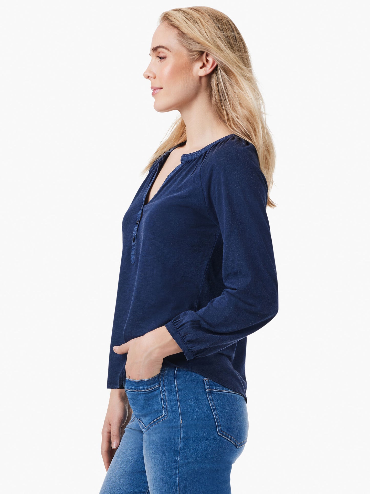 Split Neck Top with 3/4 Sleeves - Dark Ingido