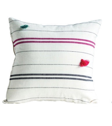 Woven Striped Throw Pillow - White with Red Tassel