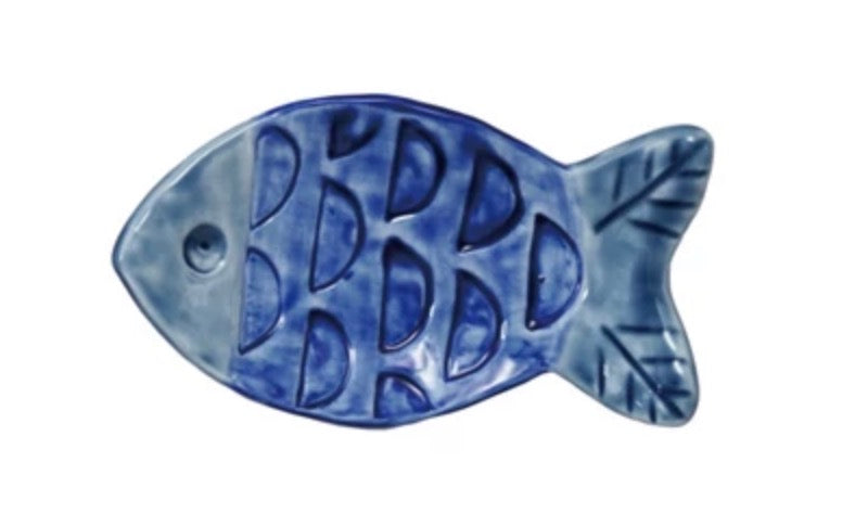 Hand-Painted Stoneware Fish Shaped Dish - Blue/Light Blue