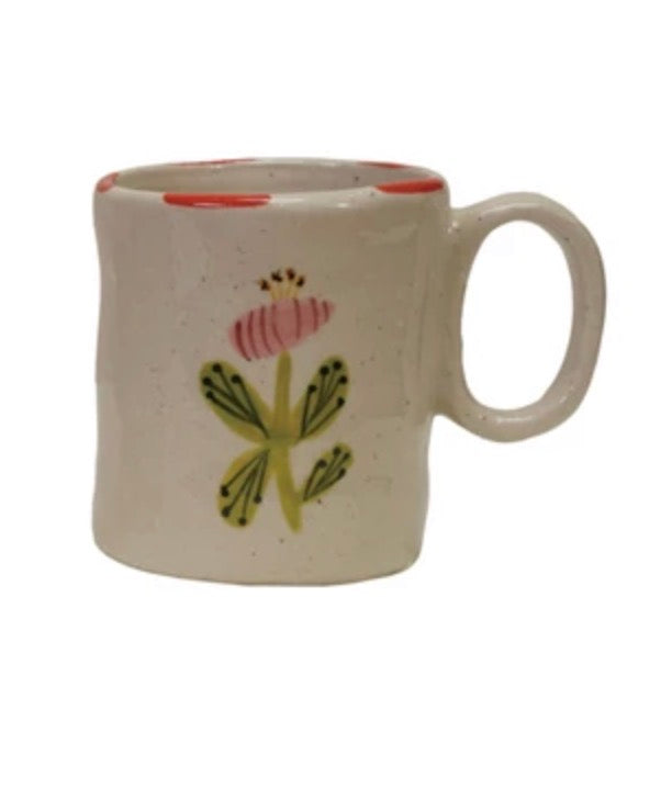 Hand-Painted Child Size Mug with Flowers - Pink with Red Edge
