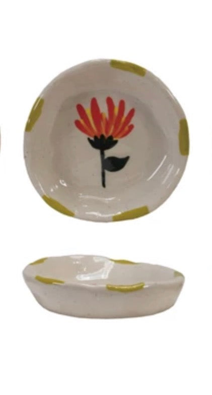 Hand-Painted Stoneware Dish with Flowers - Red with Green Edge