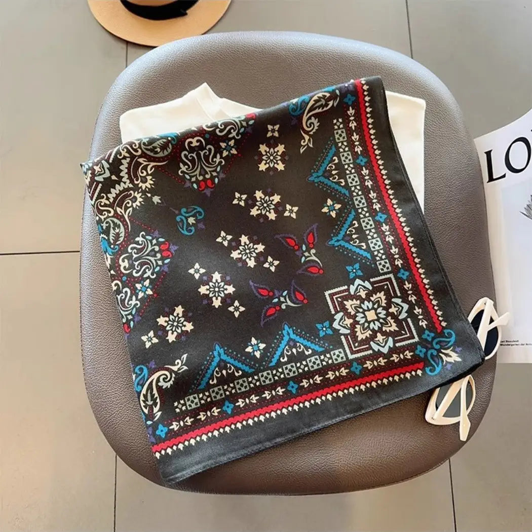 Retro Print Square Scarf - Black