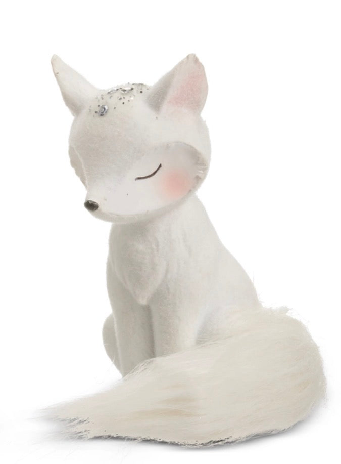White Flocked Fox Holiday Decoration with Wrapped Tail