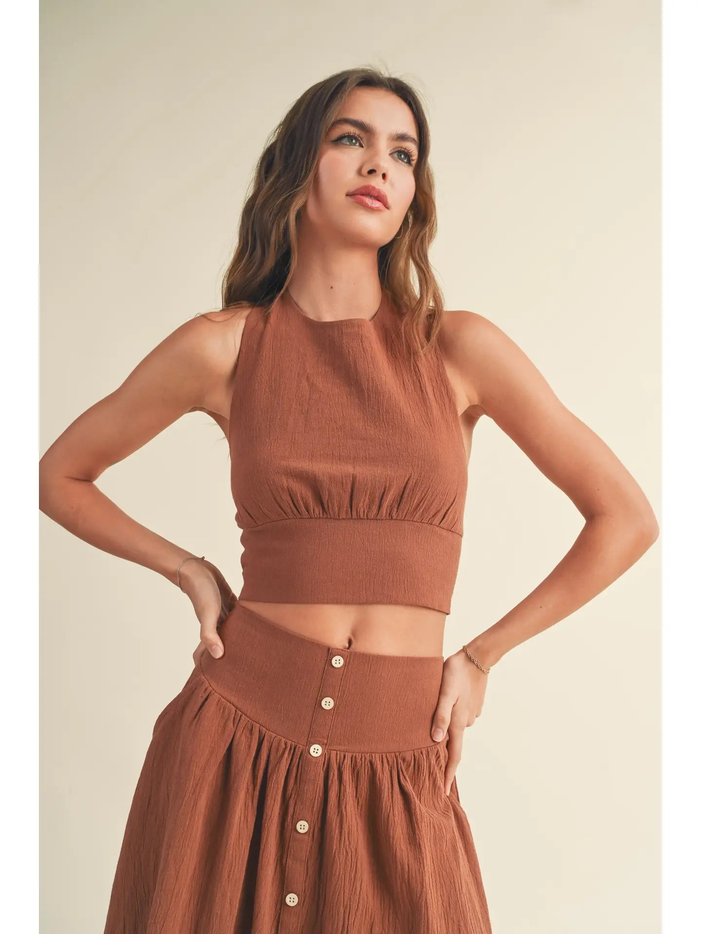 High Neck Halter Top with Tie Neck - Toffee