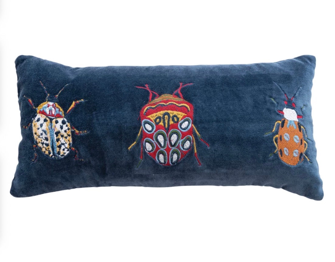 Velvet Lumbar Throw Pillow with Beetles