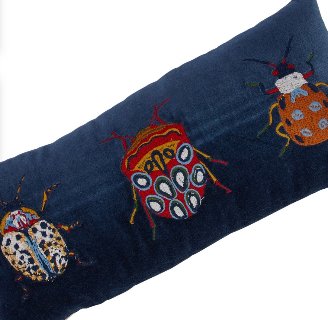 Velvet Lumbar Throw Pillow with Beetles