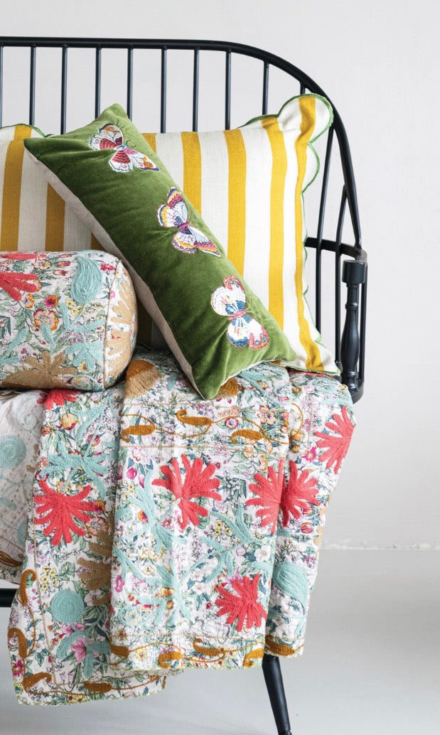Velvet Lumbar Throw Pillow with Butterflies