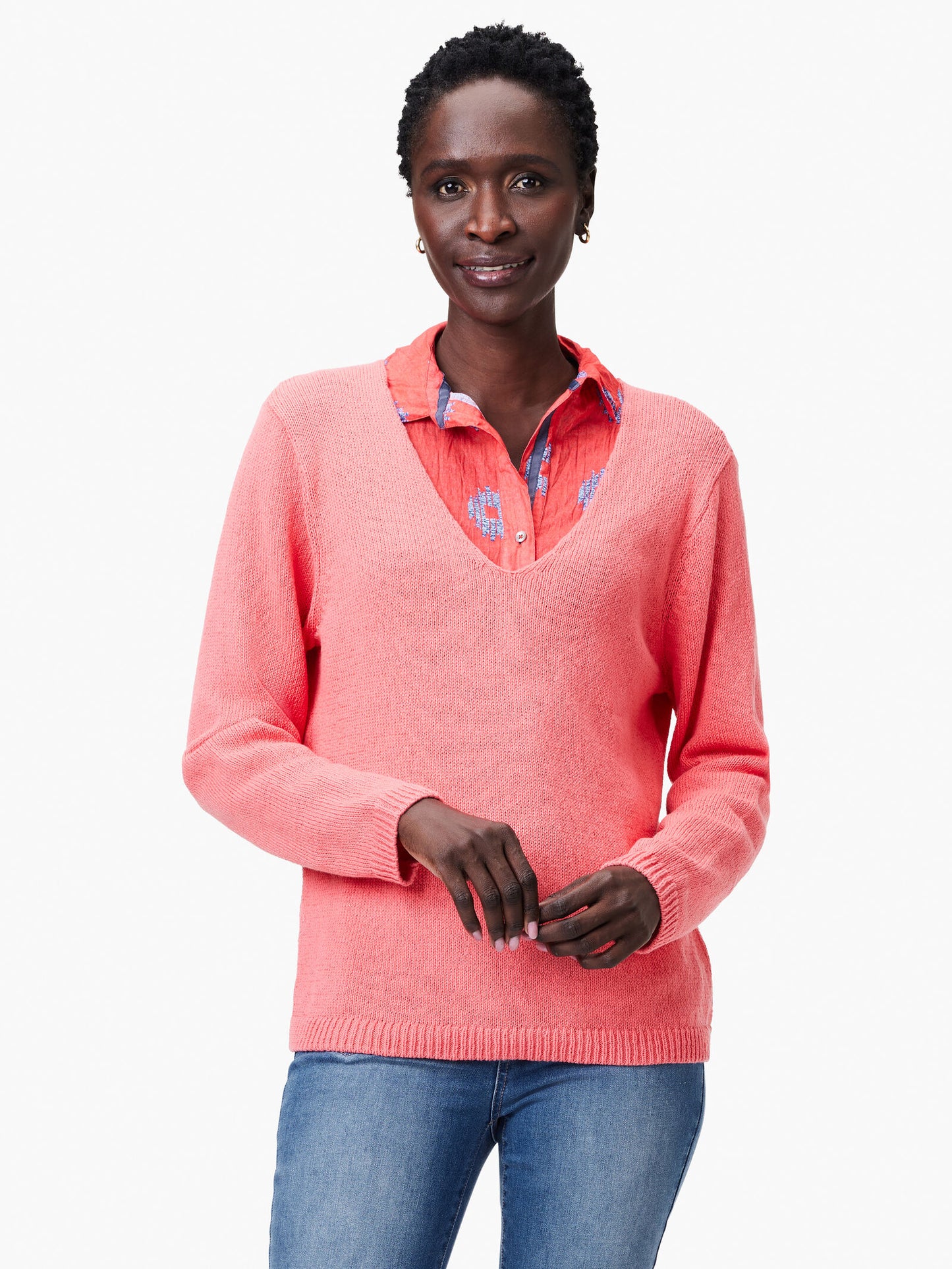 Cotton Cord Soft V-Neck Sweater - Coral