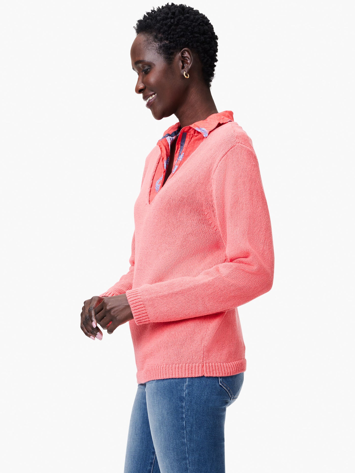 Cotton Cord Soft V-Neck Sweater - Coral