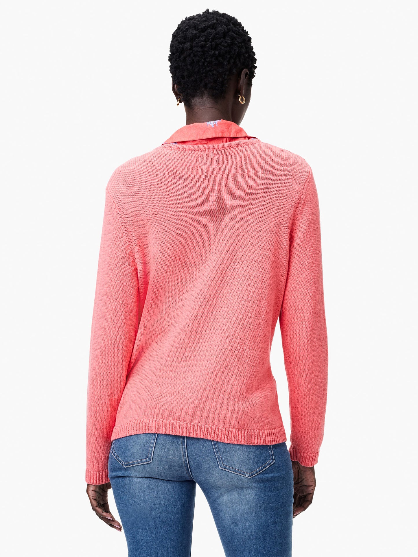 Cotton Cord Soft V-Neck Sweater - Coral