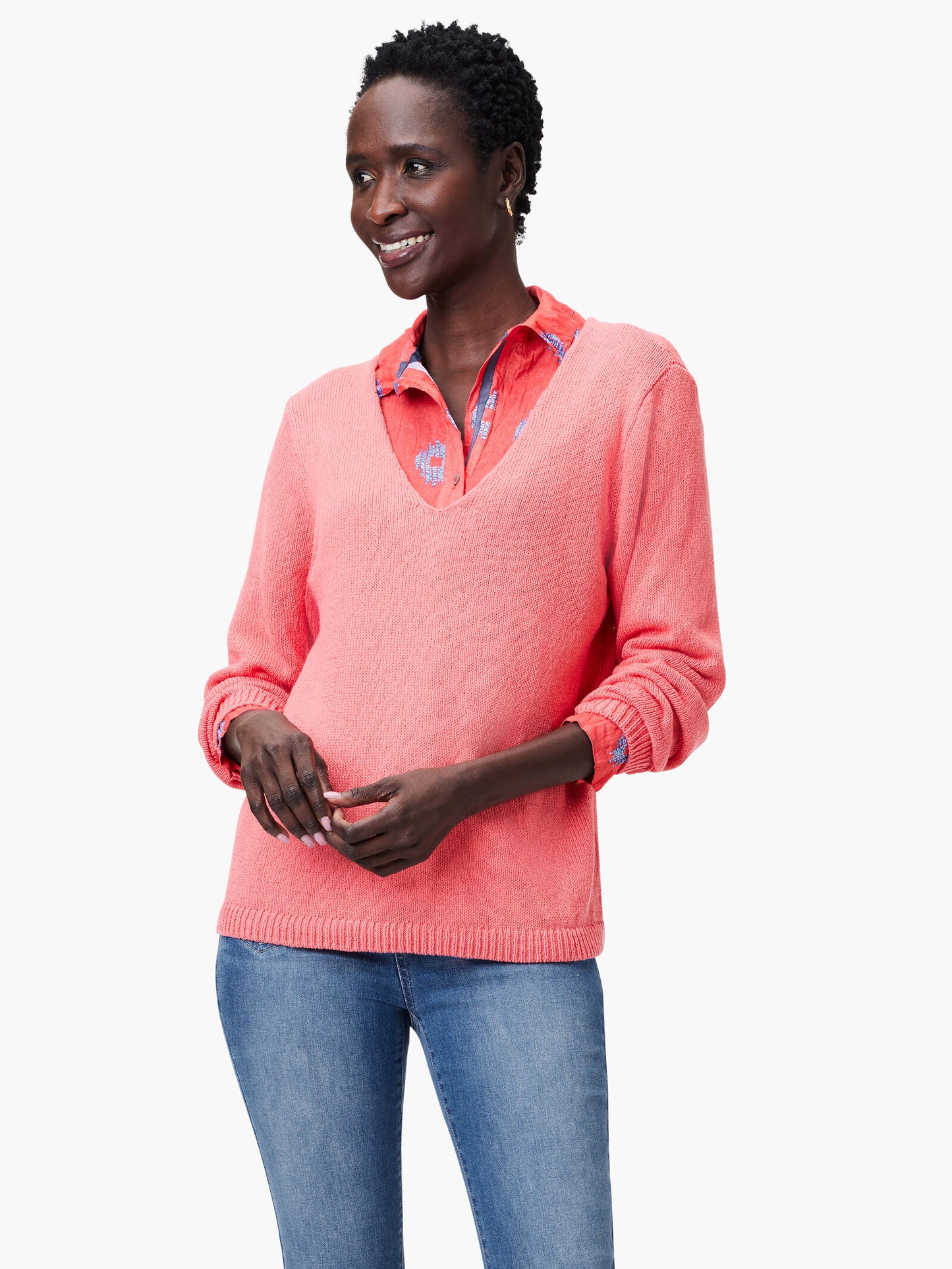 Cotton Cord Soft V-Neck Sweater - Coral