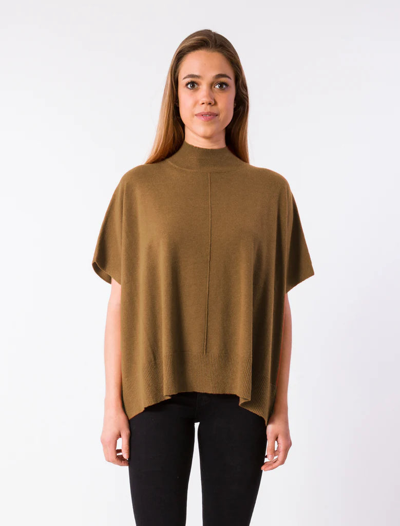 Caroline Oversized Turtleneck Top with Short Sleeves - Taupe
