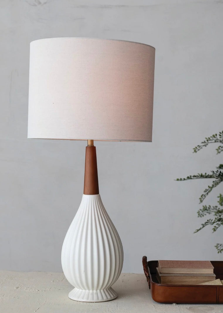 Stoneware Pleated Table Lamp with Linen Shade