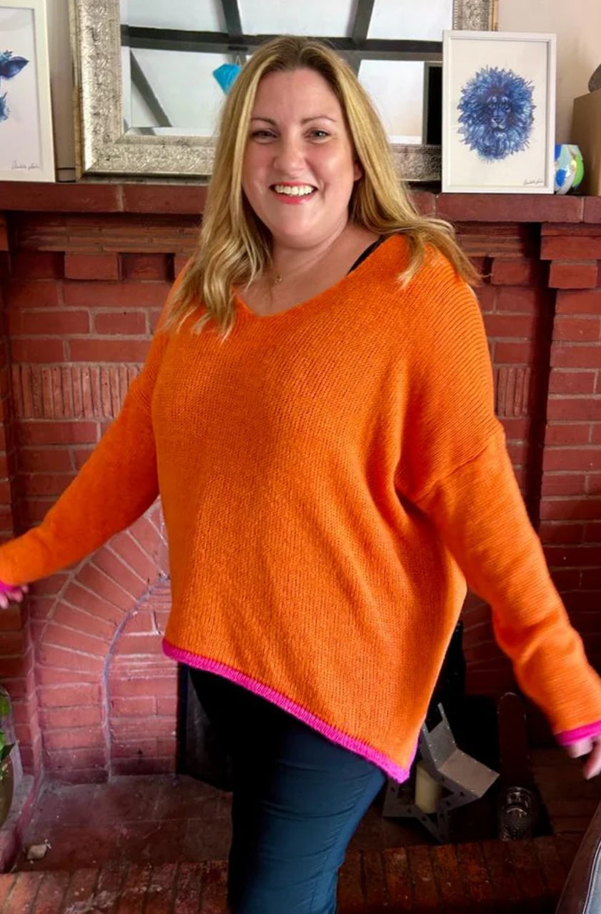 Pullover Sweater with Color Border - Orange