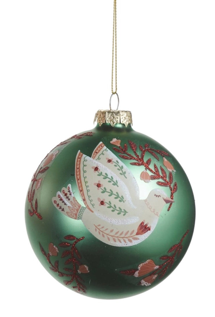 Vintage Glass Dove Ball Holiday Ornament - Green
