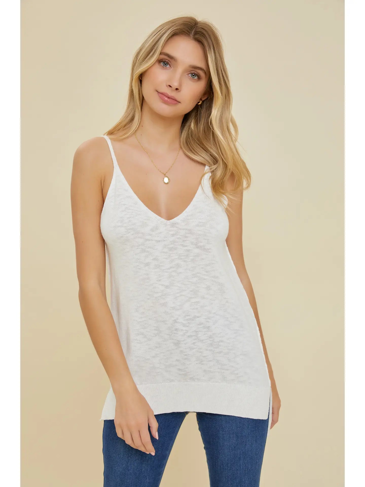 Long Slub Knit Tank Top - Ivory