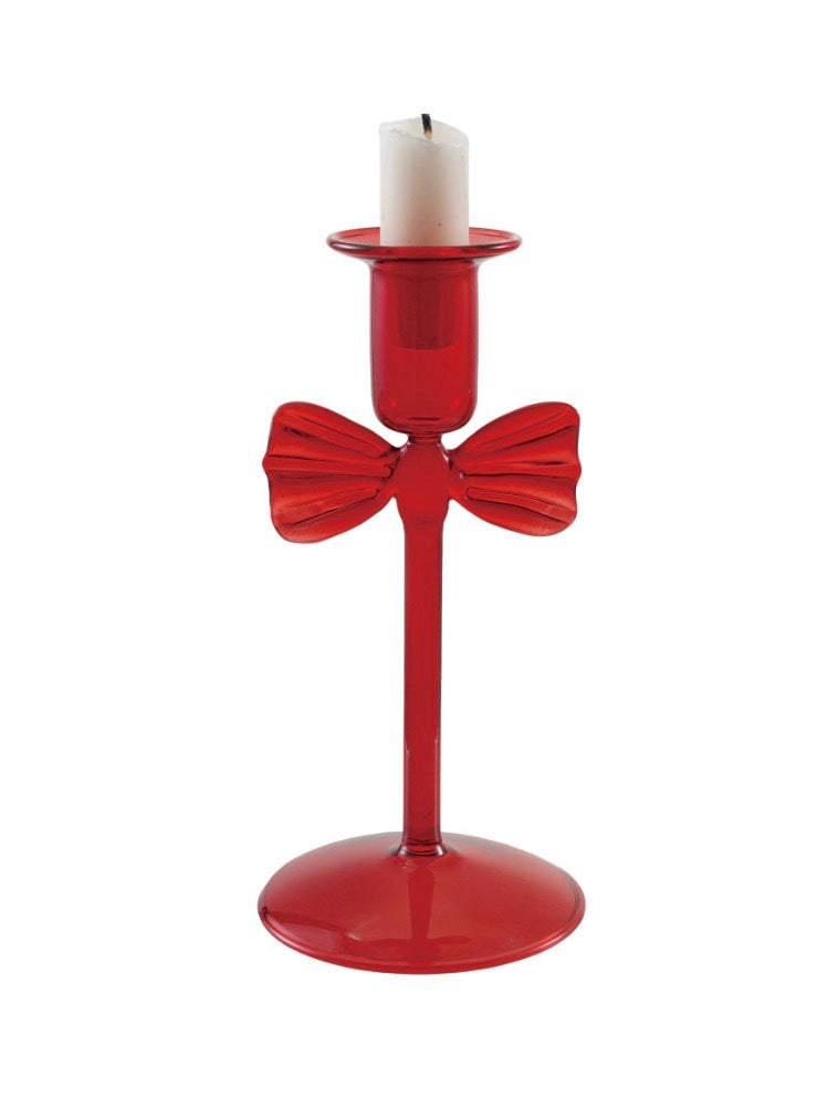 Red Glass Taper Candle Holder with Bow