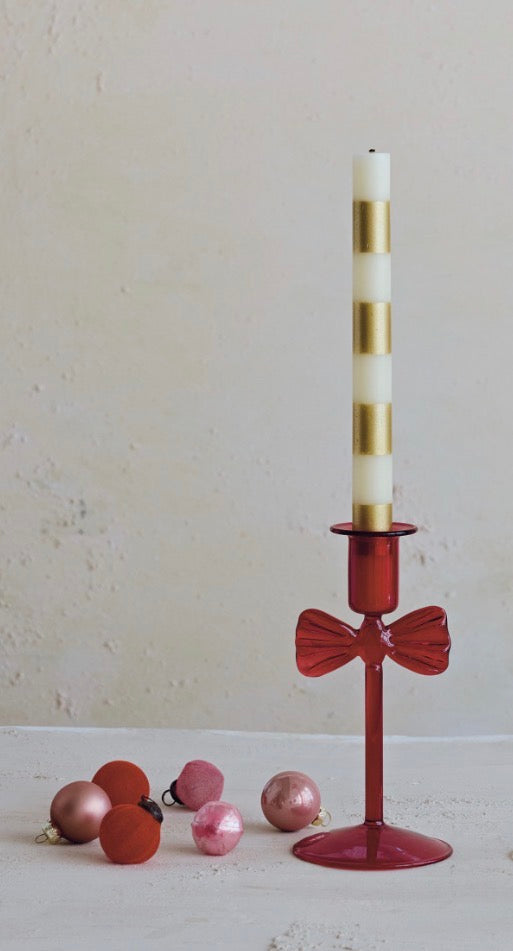 Red Glass Taper Candle Holder with Bow