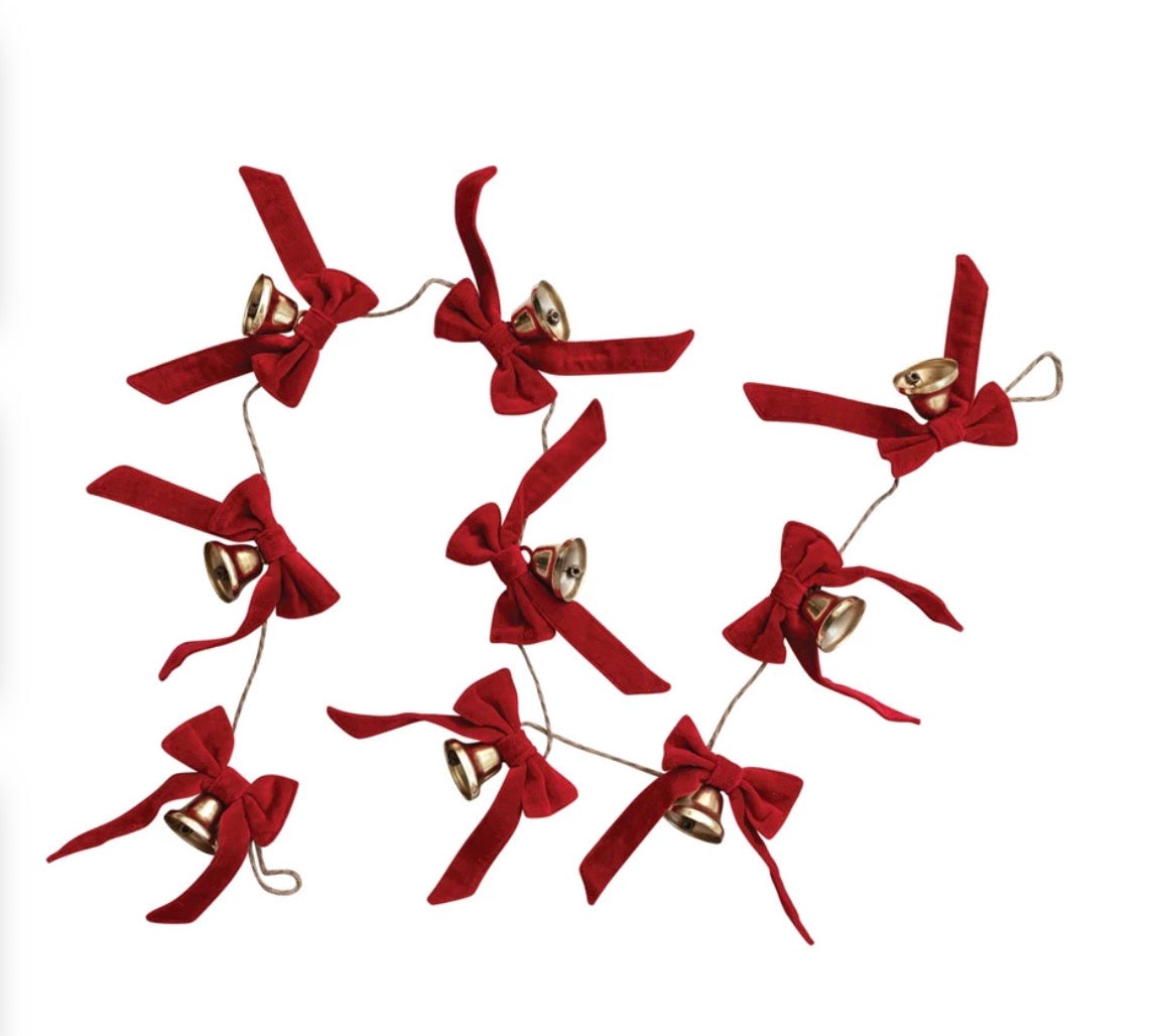 Holiday Garland with Bells & Cotton Velvet Bows