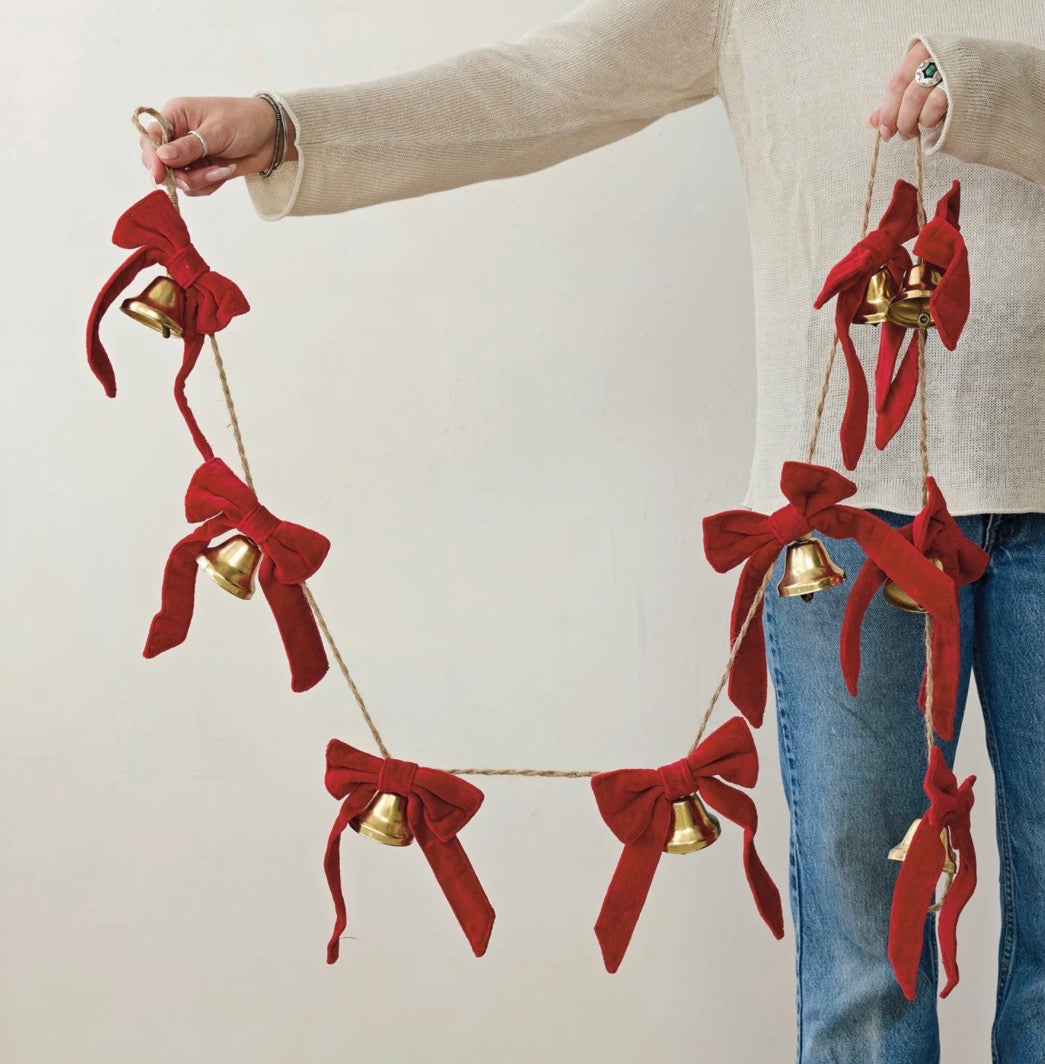 Holiday Garland with Bells & Cotton Velvet Bows