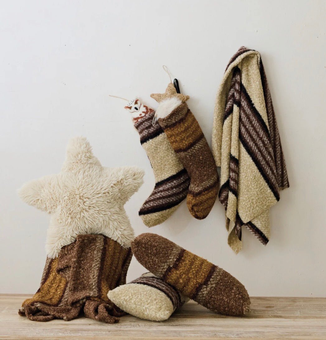 Faux Sherpa Striped Holiday Srocking - Crean/Black/Grey