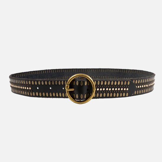 Soraya Gold Circle Buckle Studded Leather Belt - Grey