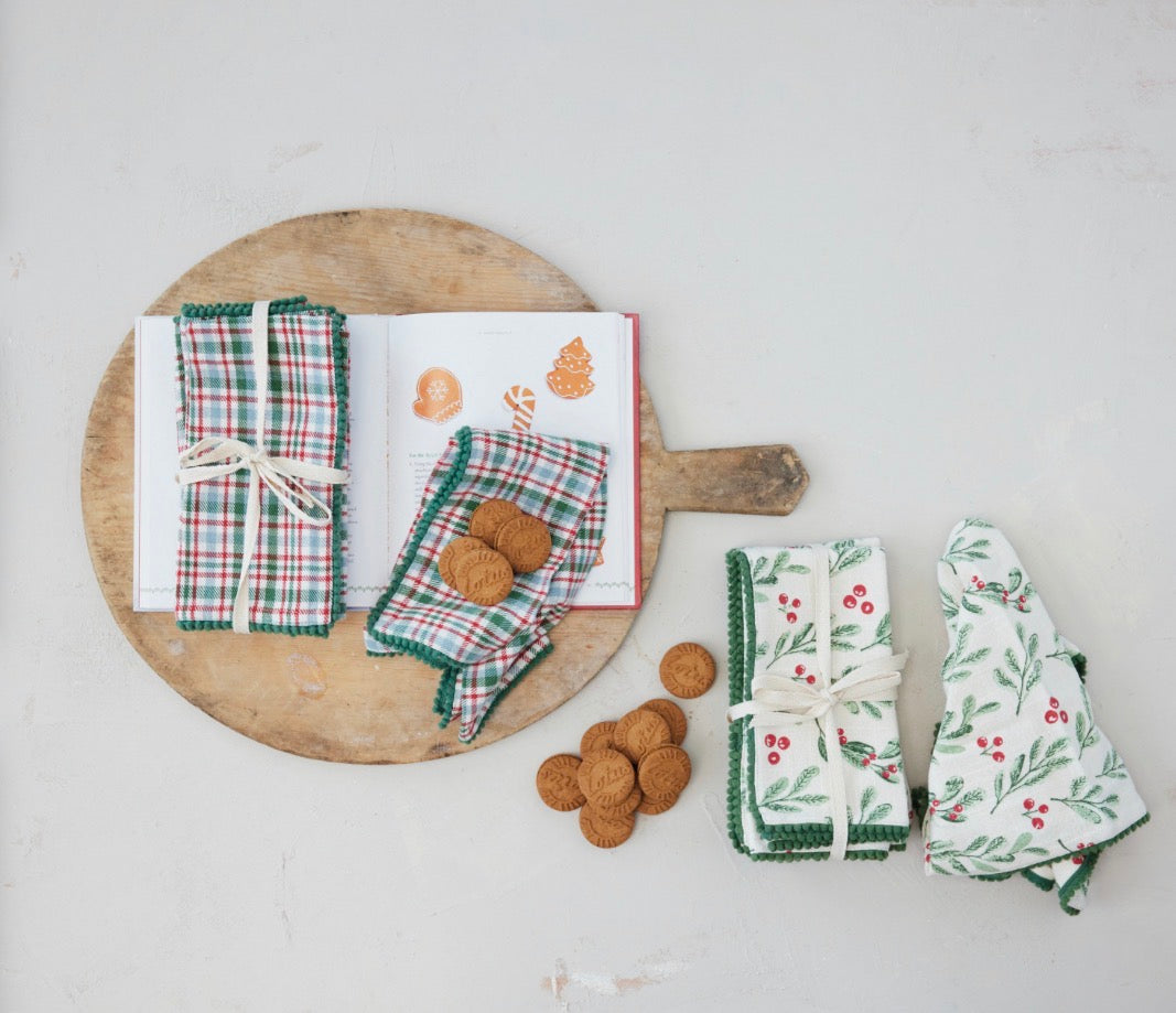 Woven Cotton Plaid Napkins with Mini Pom Pom Trim