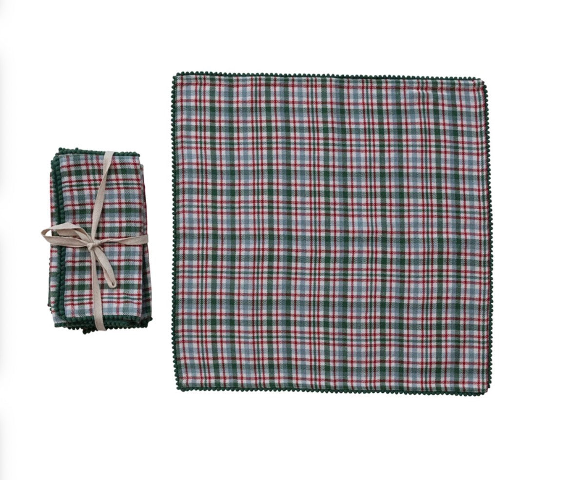 Woven Cotton Plaid Napkins with Mini Pom Pom Trim