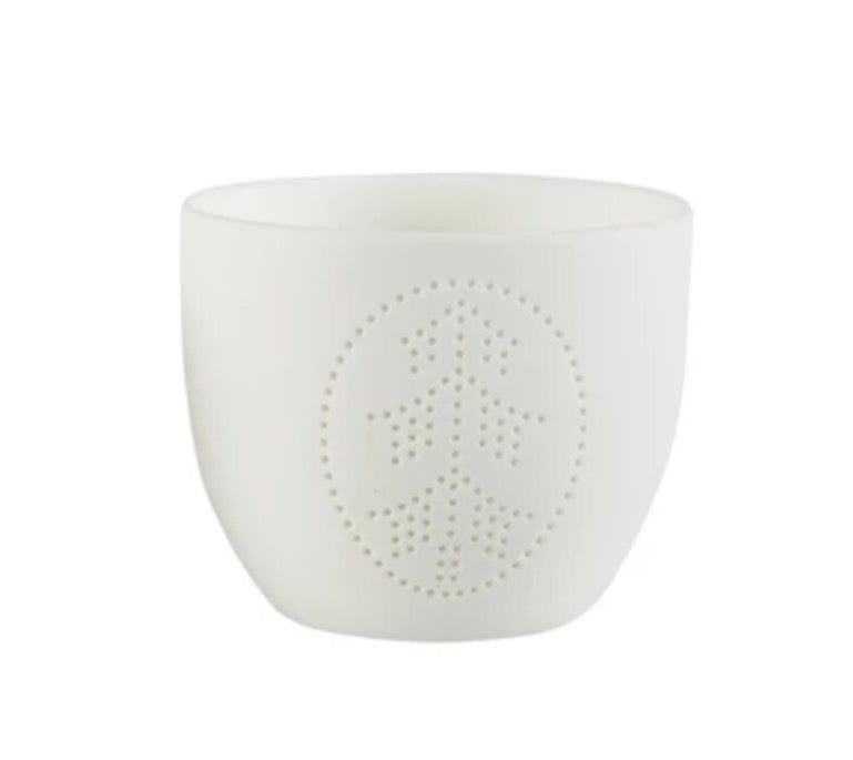 Stoneware Votive Candle Holder with Punched Tree Design - White
