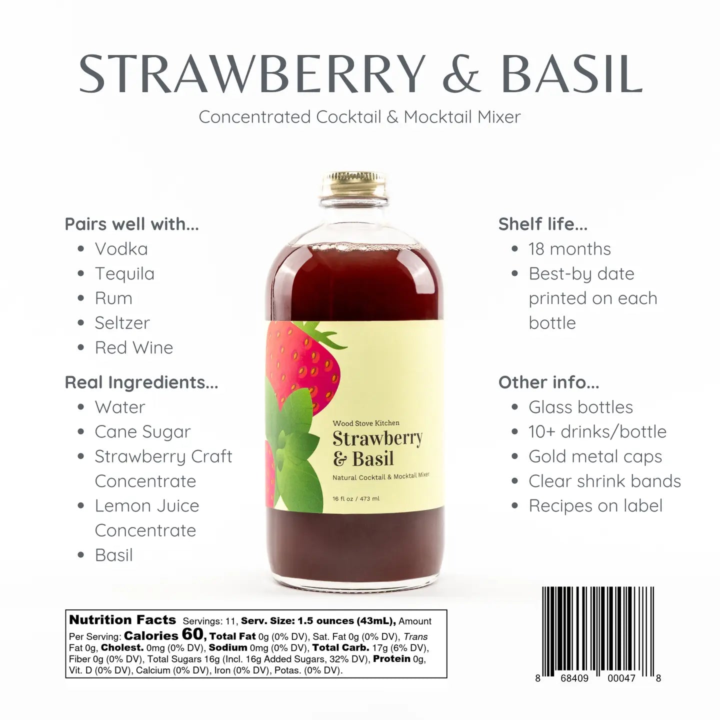 Strawberry & Basil Cocktail Mixer - 16 oz.