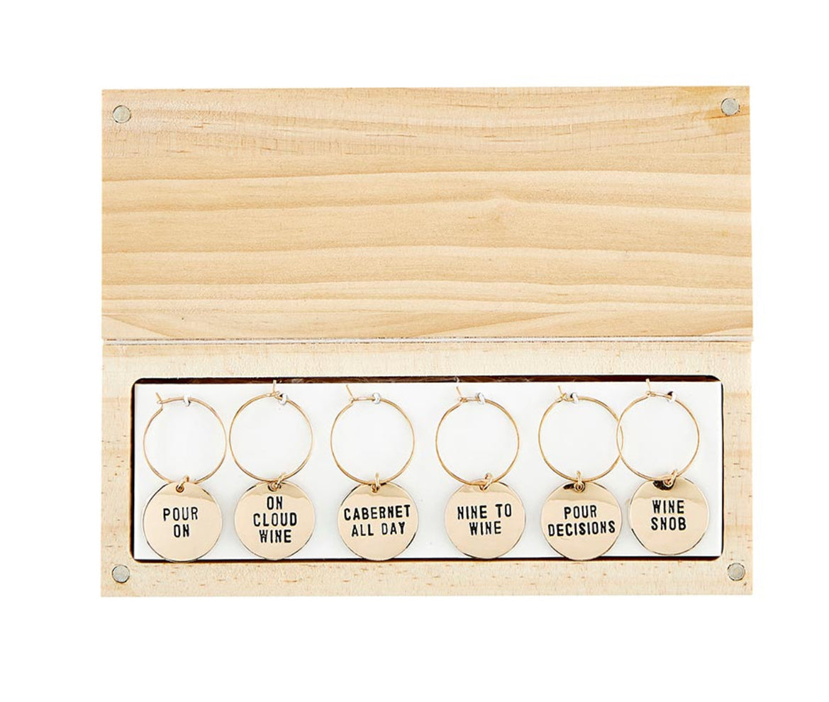 Gold Wine Charms in Pine Box - Wine Tasting Daily