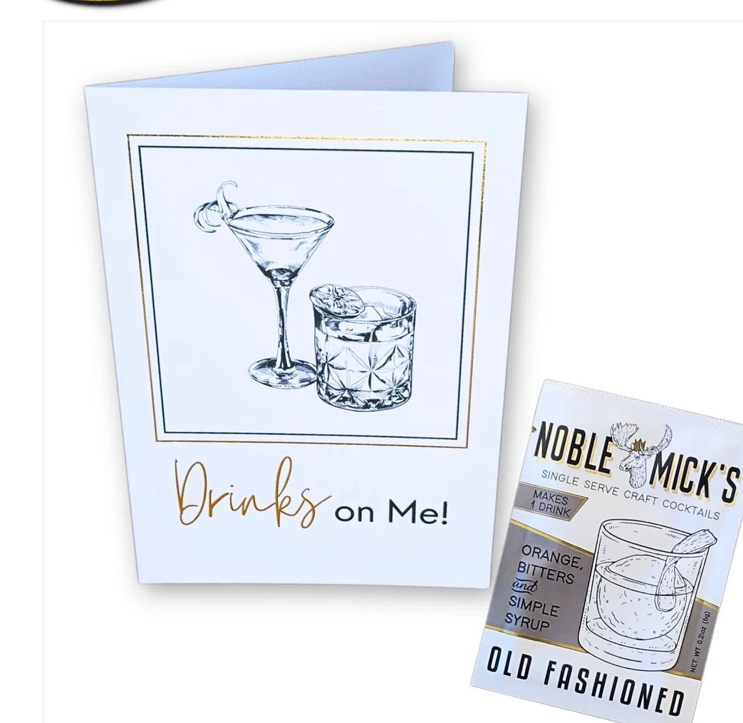 Drinks on Me Greeting Card with Old Fashioned Cocktail/Mocktail Mix
