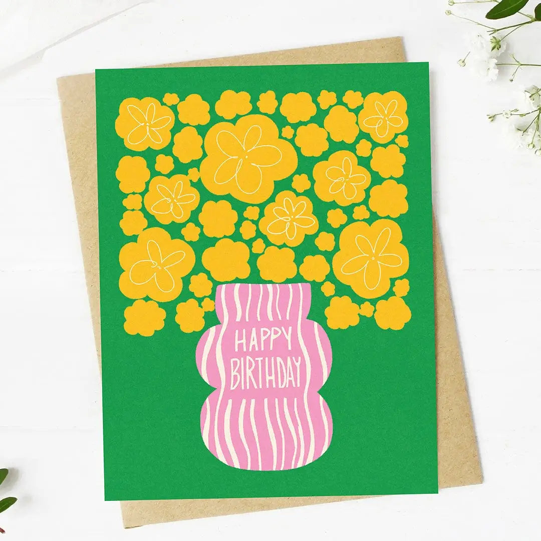 Yellow Flowers with Pink Vase Birthday Greeting Card