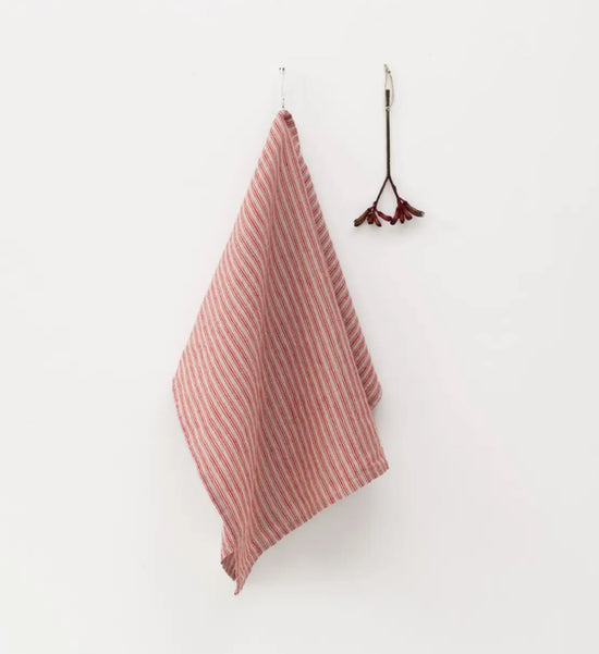 Red Stripes on Natural Linen Kitchen Towel