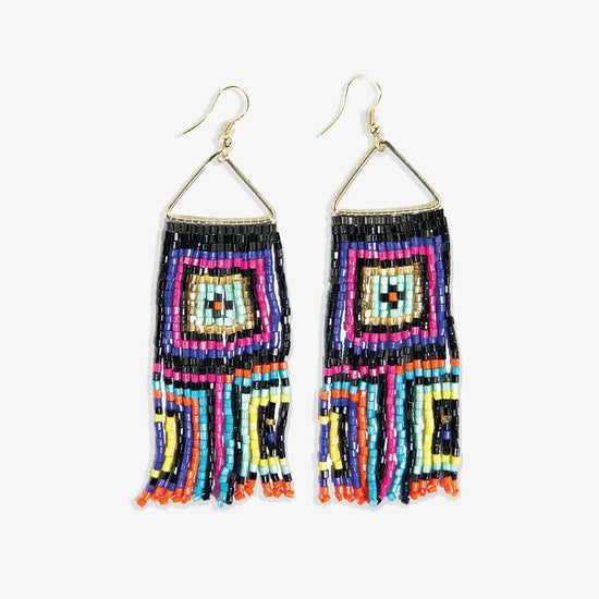 Brooke Squares Beaded Fringe Earrings - Neon Black