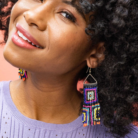 Brooke Squares Beaded Fringe Earrings - Neon Black