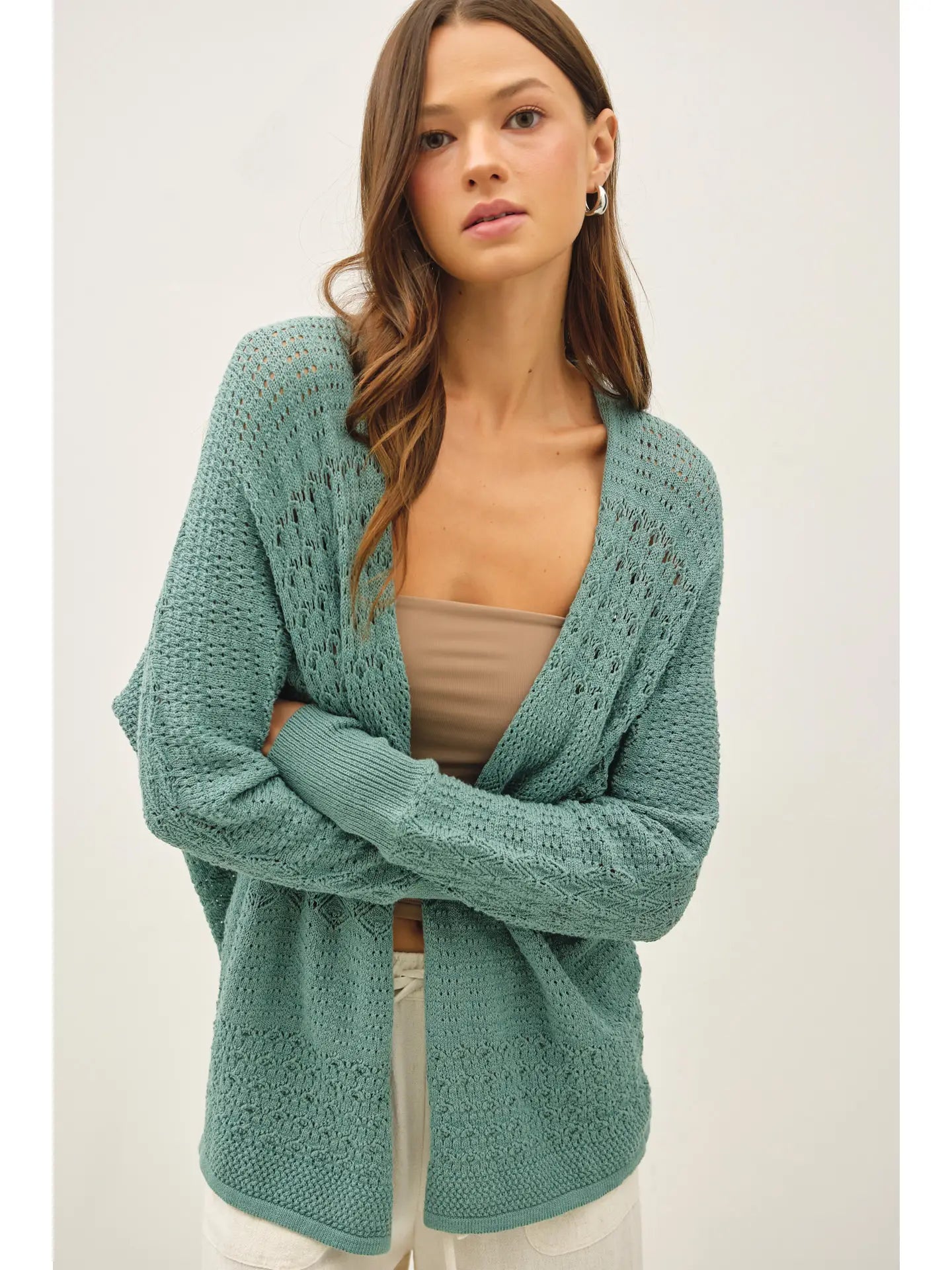 Crocheted Knit Open Cardigan Sweater - Jade