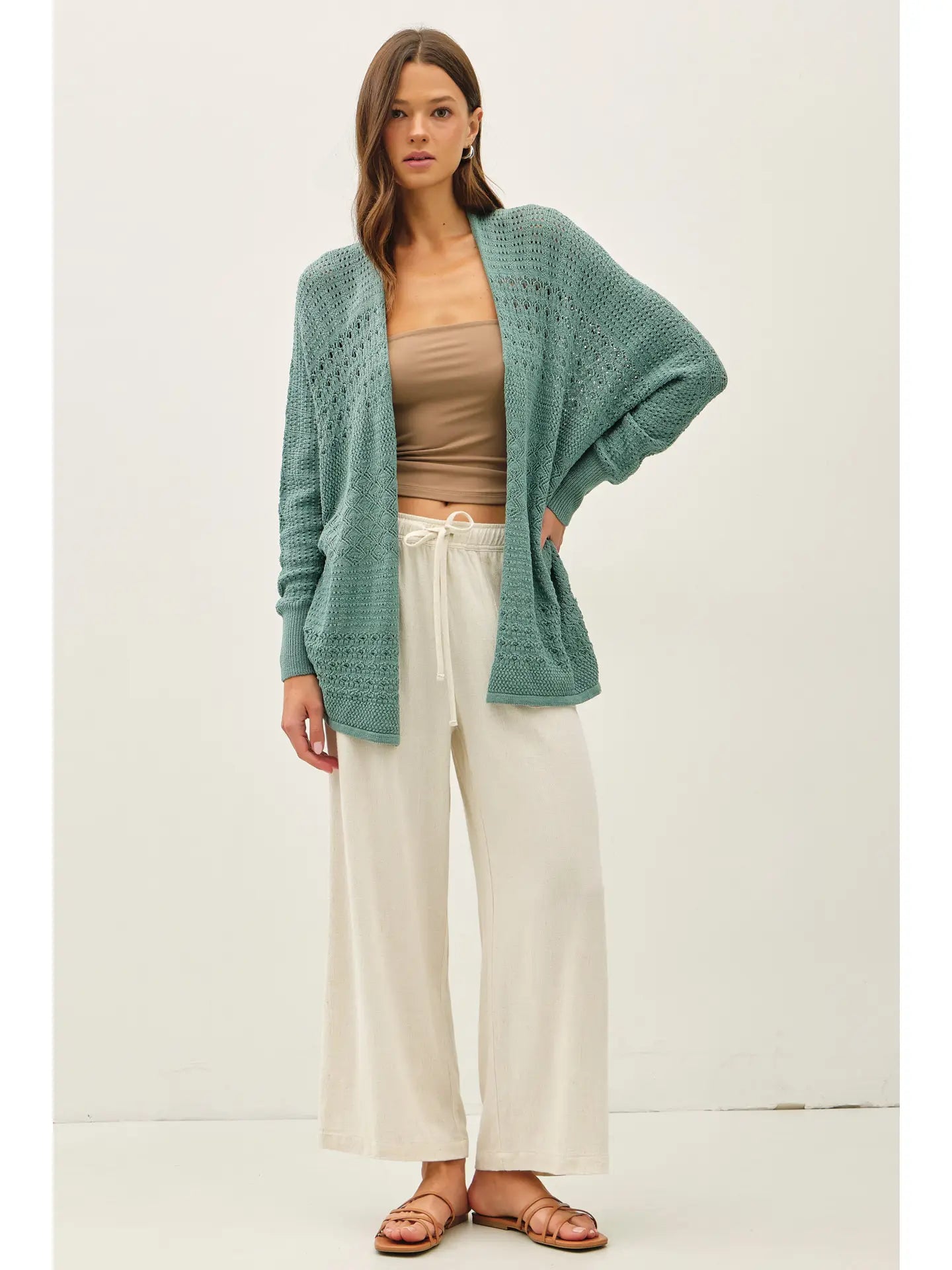 Crocheted Knit Open Cardigan Sweater - Jade