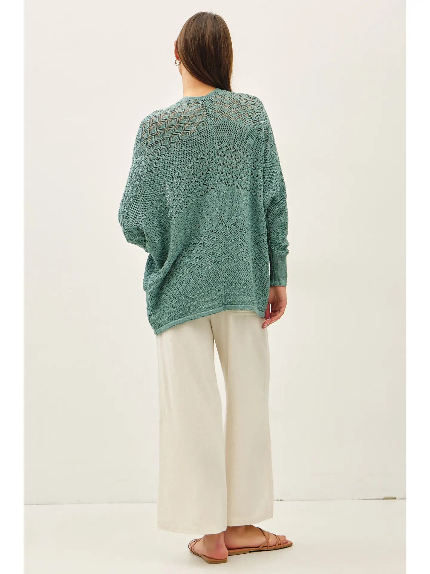 Crocheted Knit Open Cardigan Sweater - Jade