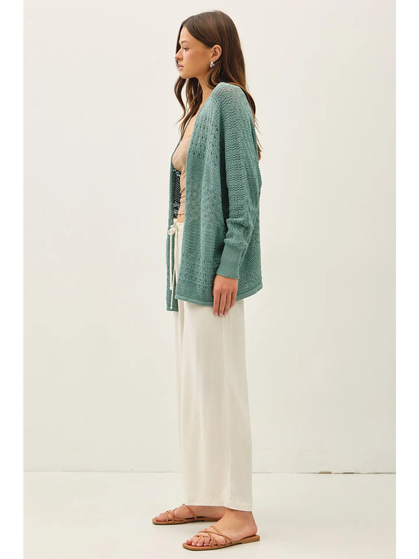 Crocheted Knit Open Cardigan Sweater - Jade