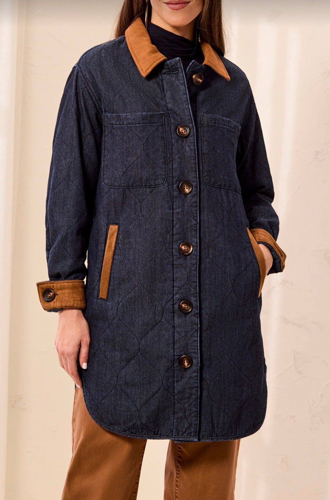 Quilted Denim Coat with Suede Trim