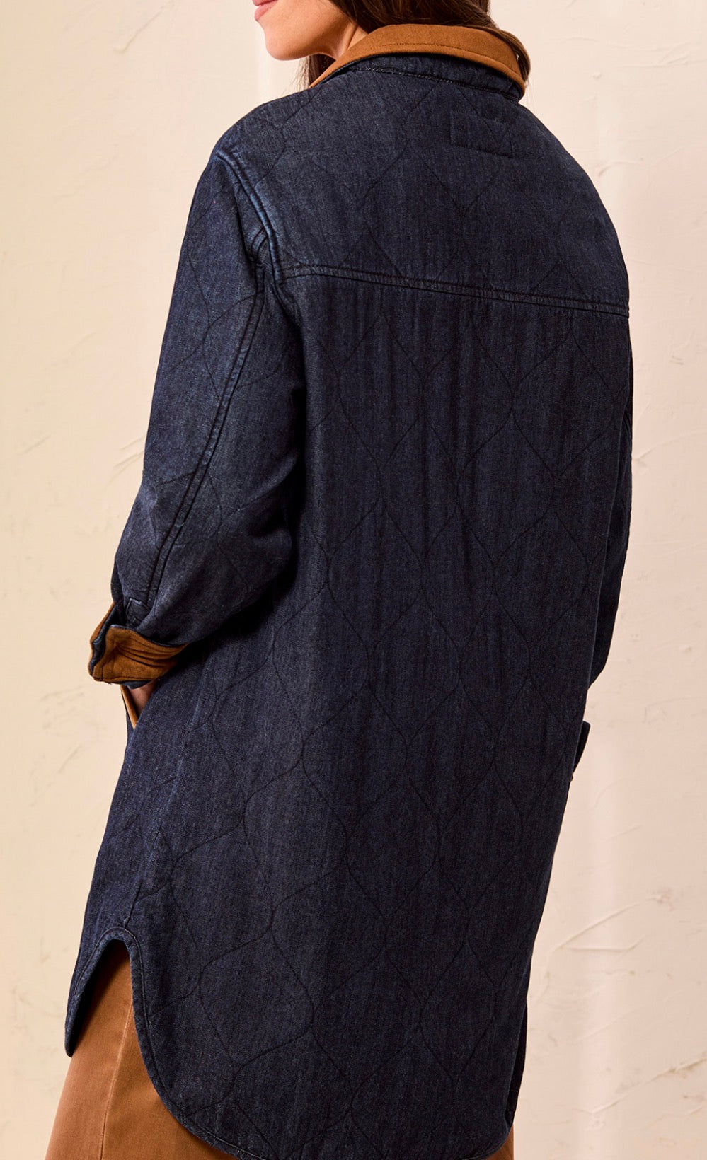 Quilted Denim Coat with Suede Trim