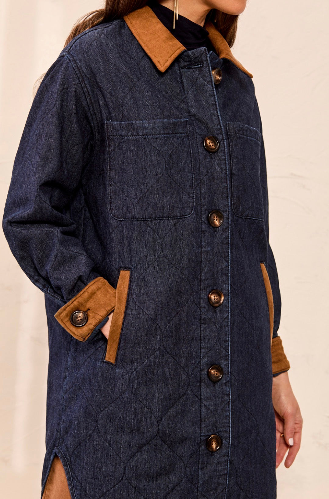 Quilted Denim Coat with Suede Trim