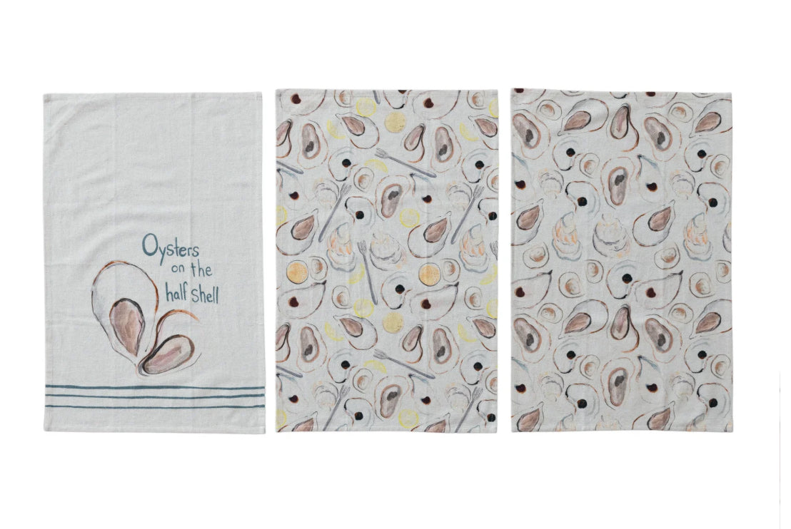 Tea Towel with Oysters Pattern - Yellow/Brown/White