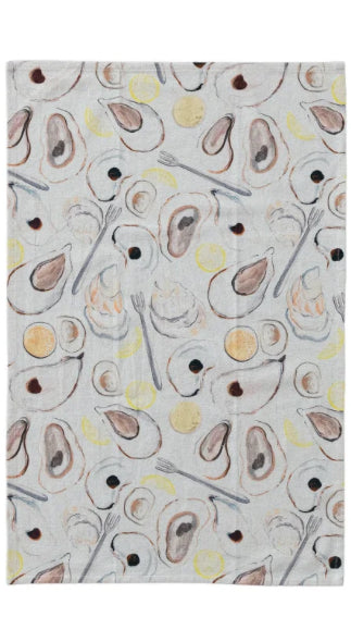 Tea Towel with Oysters Pattern - Yellow/Brown/White