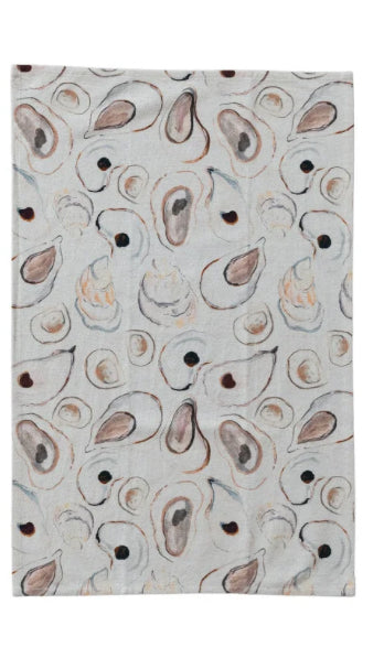 Tea Towel with Oysters Pattern - Brown/White