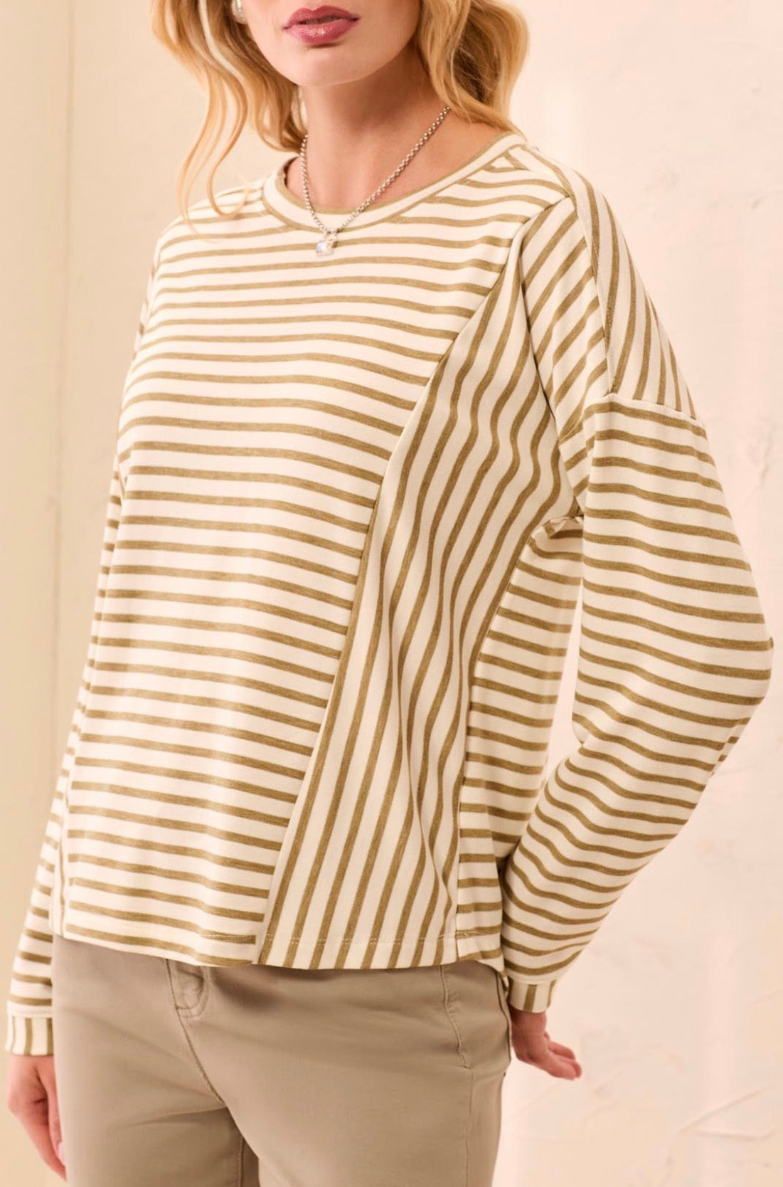 Long Sleeve Crew Neck Top with Inserts - Aloe