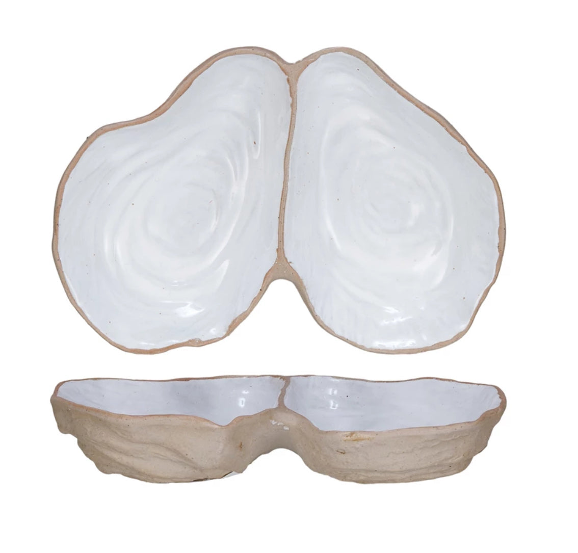 Stoneware Oyster Shell Shaped Dish with 2 Sections