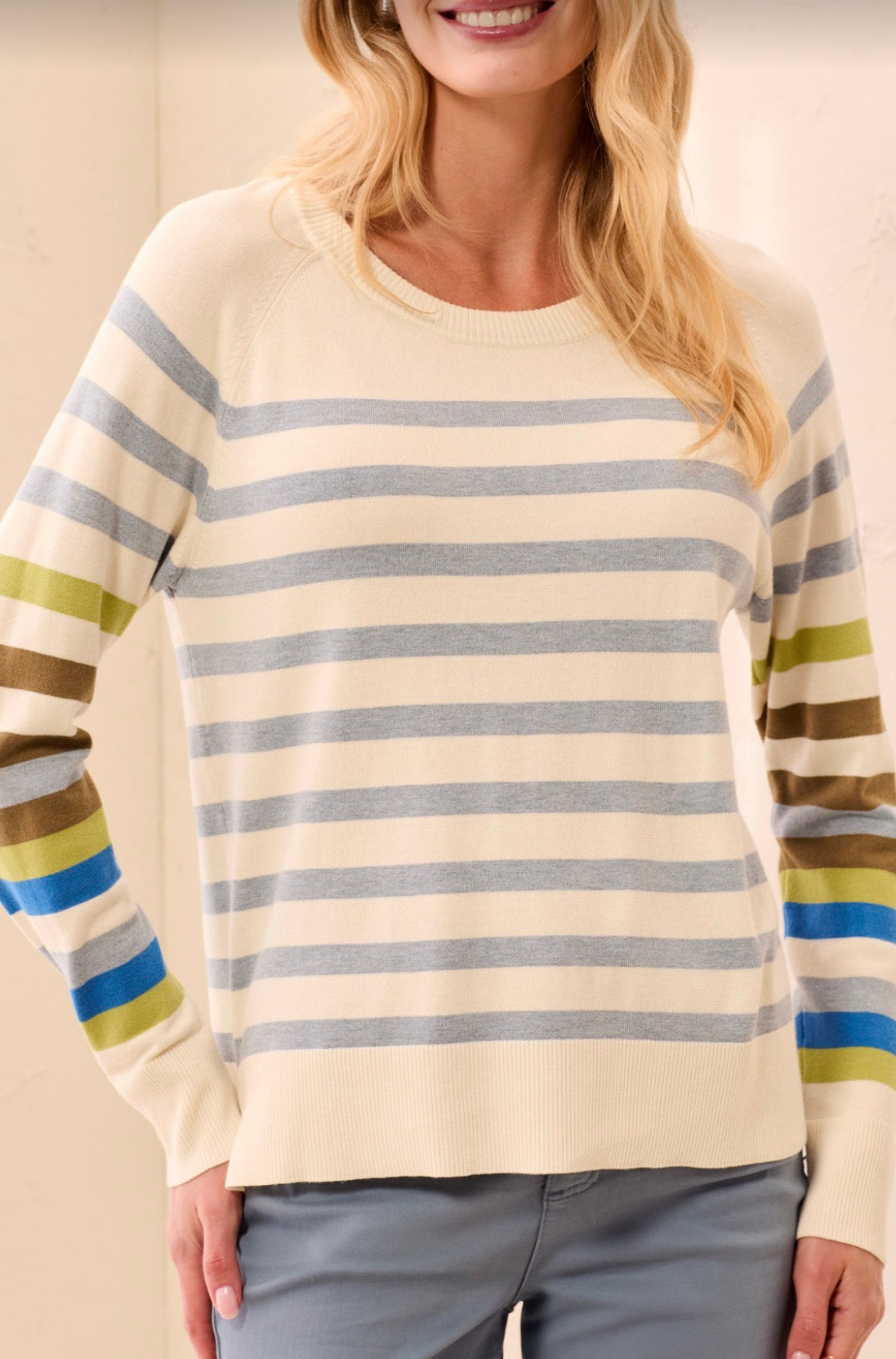 Long Sleeve Crew Neck Striped Sweater - Moonstone