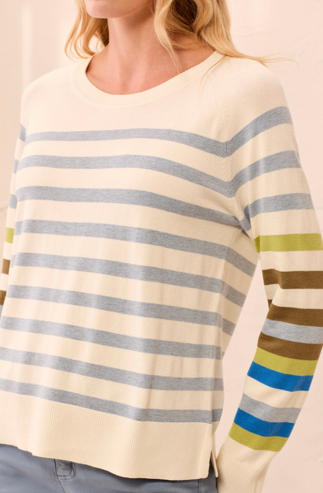 Long Sleeve Crew Neck Striped Sweater - Moonstone